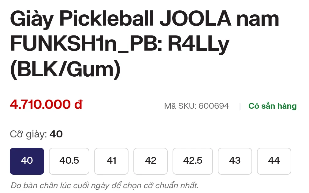 Trang sản phẩm giày pickleball JOOLA R4LLy nam đen đế gum hiển thị mã SKU 600694 khi chọn cỡ 40