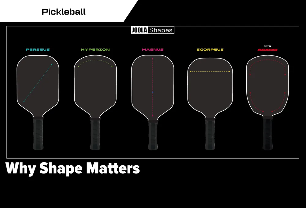Các shape vợt pickleball JOOLA xếp cạnh nhau để so sánh hình dáng mặt vợt