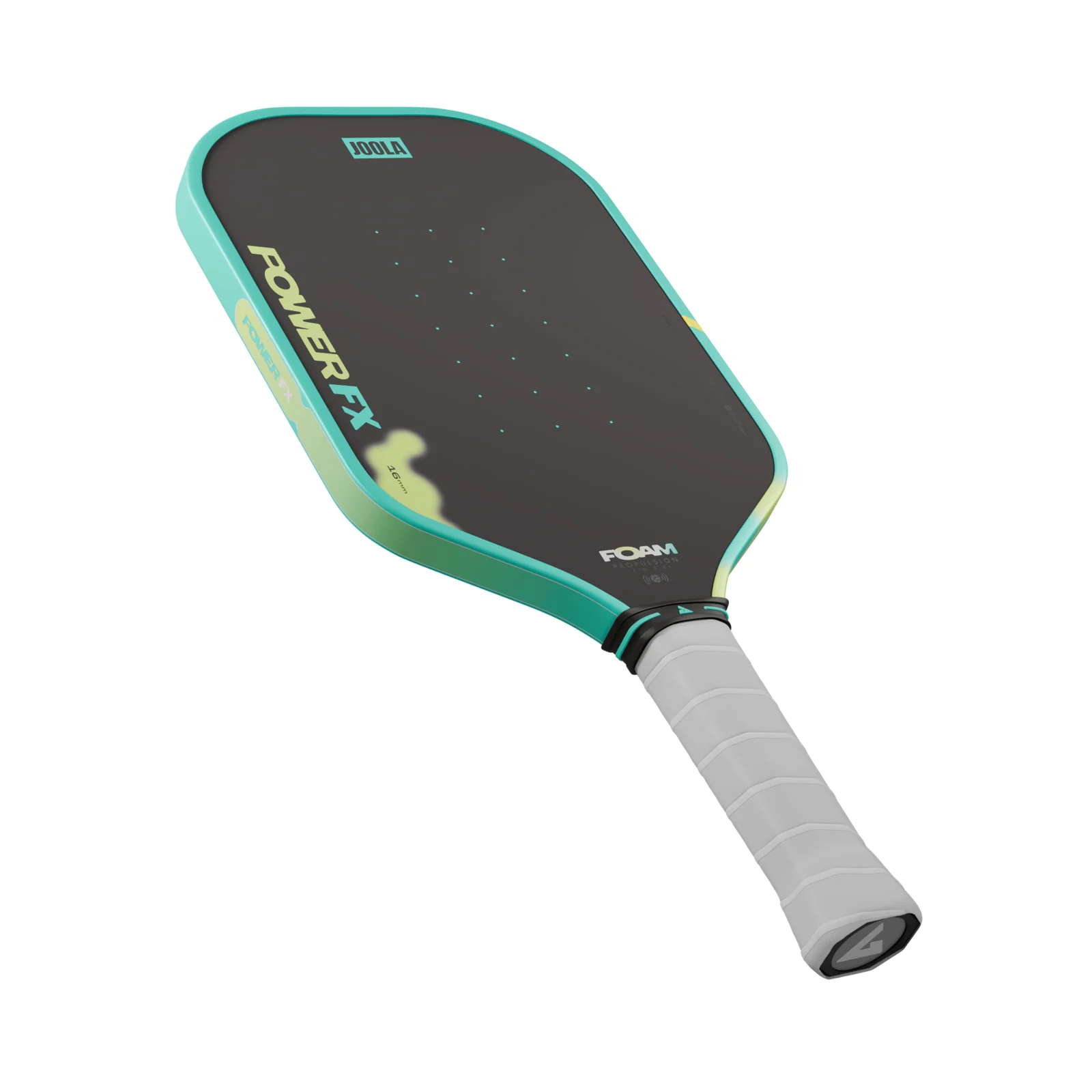 Vợt Pickleball JOOLA Power FX Daydream 16mm nhìn nghiêng, mặt vợt đen chấm xanh ngọc, viền Daydream