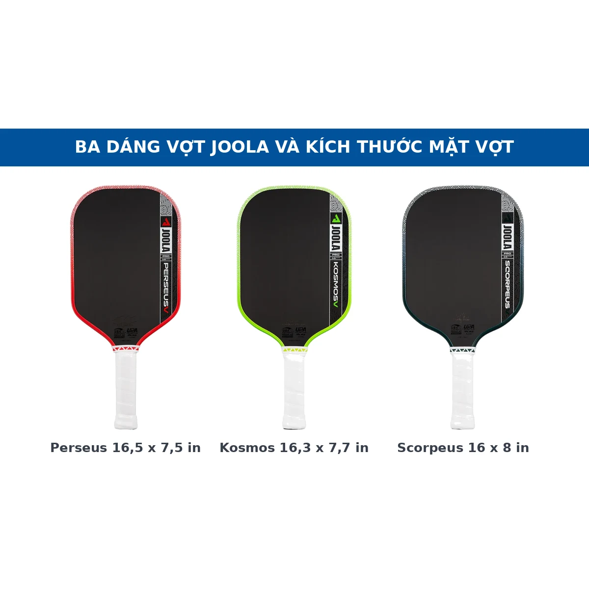 Ba dáng vợt JOOLA đặt cạnh nhau: Perseus 16,5 x 7,5 inch, Kosmos 16,3 x 7,7 inch và Scorpeus 16 x 8 inch