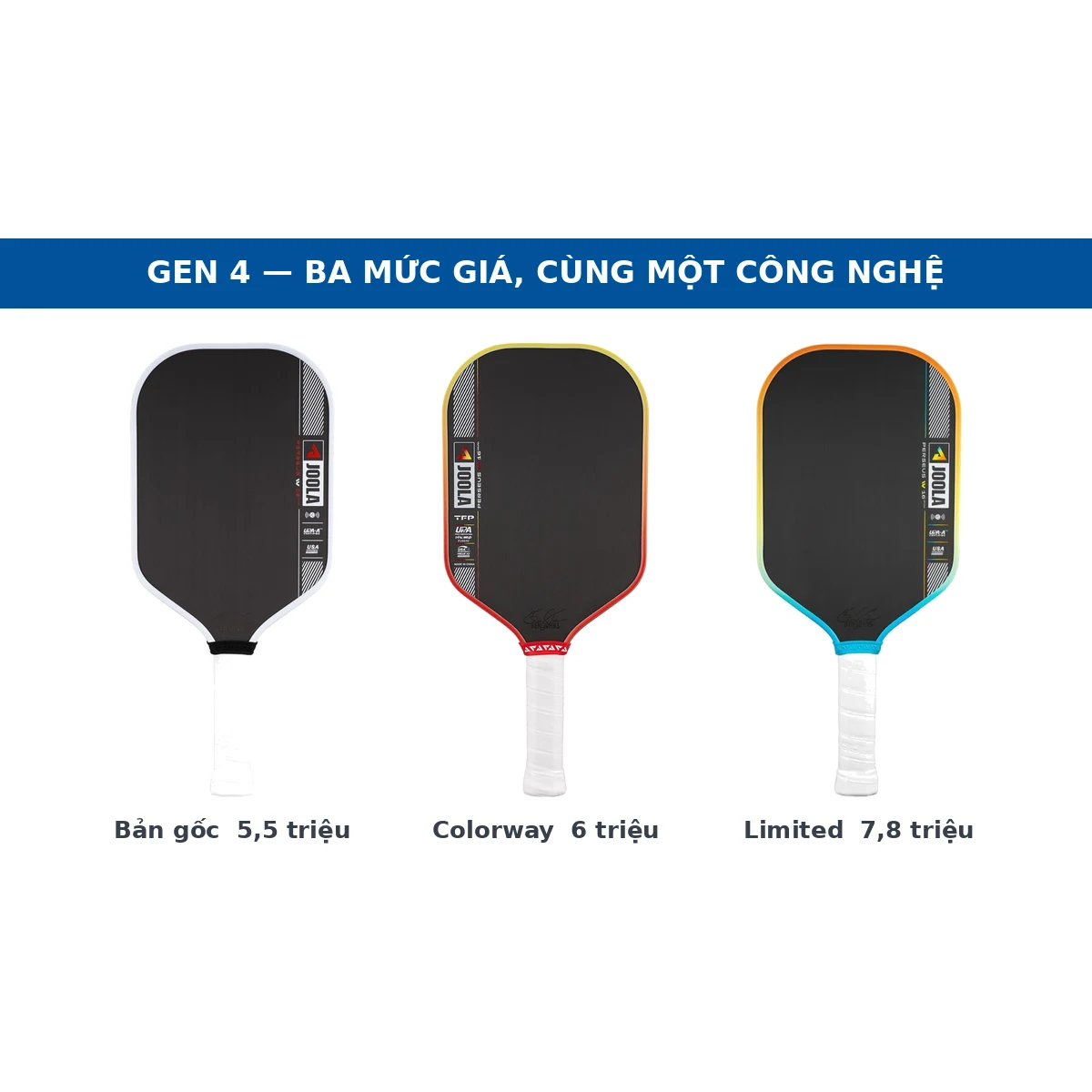 Ba cây vợt JOOLA Pro IV Gen 4: bản gốc Perseus IV, bản Vietnam Colorway và bản Summer Daze giới hạn