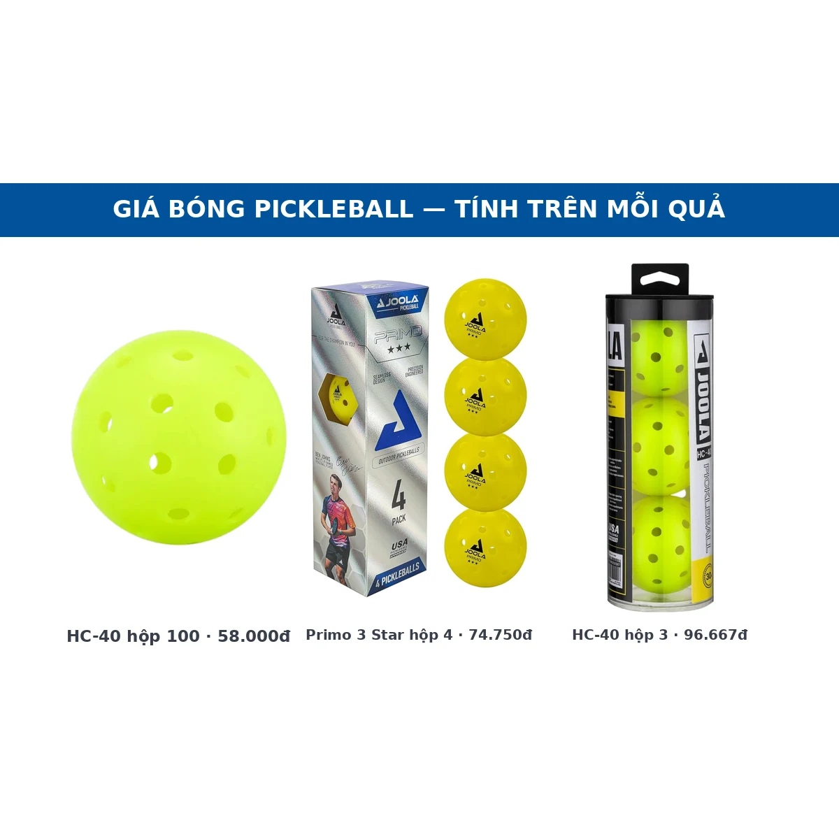 Ba cách đóng gói bóng pickleball JOOLA: hộp HC-40 100 quả, hộp Primo 3 Star 4 quả và tuýp HC-40 3 quả