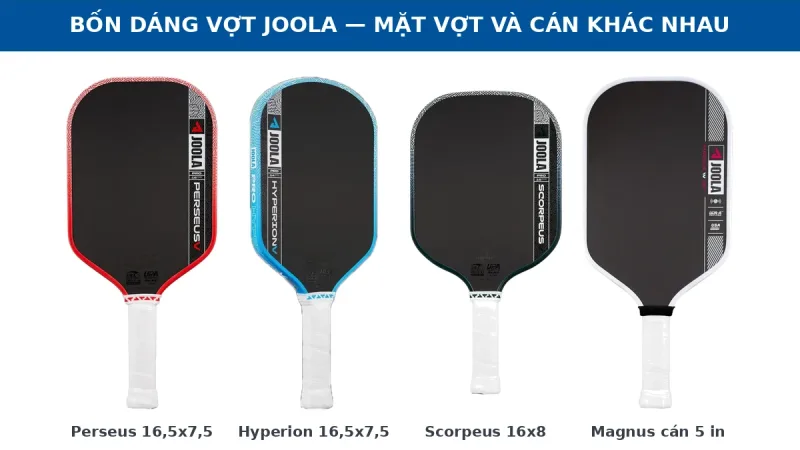 So sánh dáng vợt JOOLA: Perseus, Hyperion, Scorpeus, Magnus và Kosmos