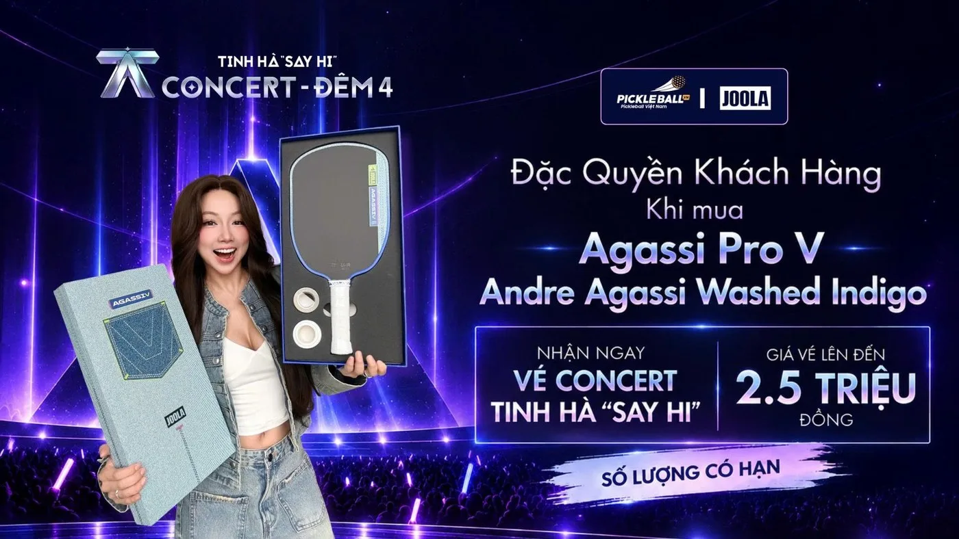 Banner chương trình: mua vợt Agassi Pro V Washed Indigo nhận vé Concert Tinh Hà Say Hi Đêm 4